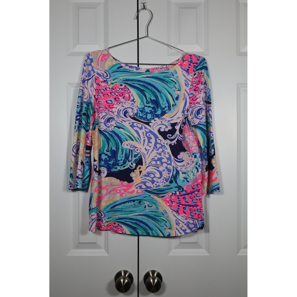 Lilly Pulitzer Waverly Top 3/4 Sleeve Multi Color Swirl Print Keyhole Back Small
